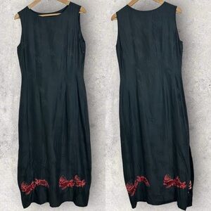 Vintage Citron 100% Silk Black Maxi Dress Fish Embroidery Size Small Side Zipper